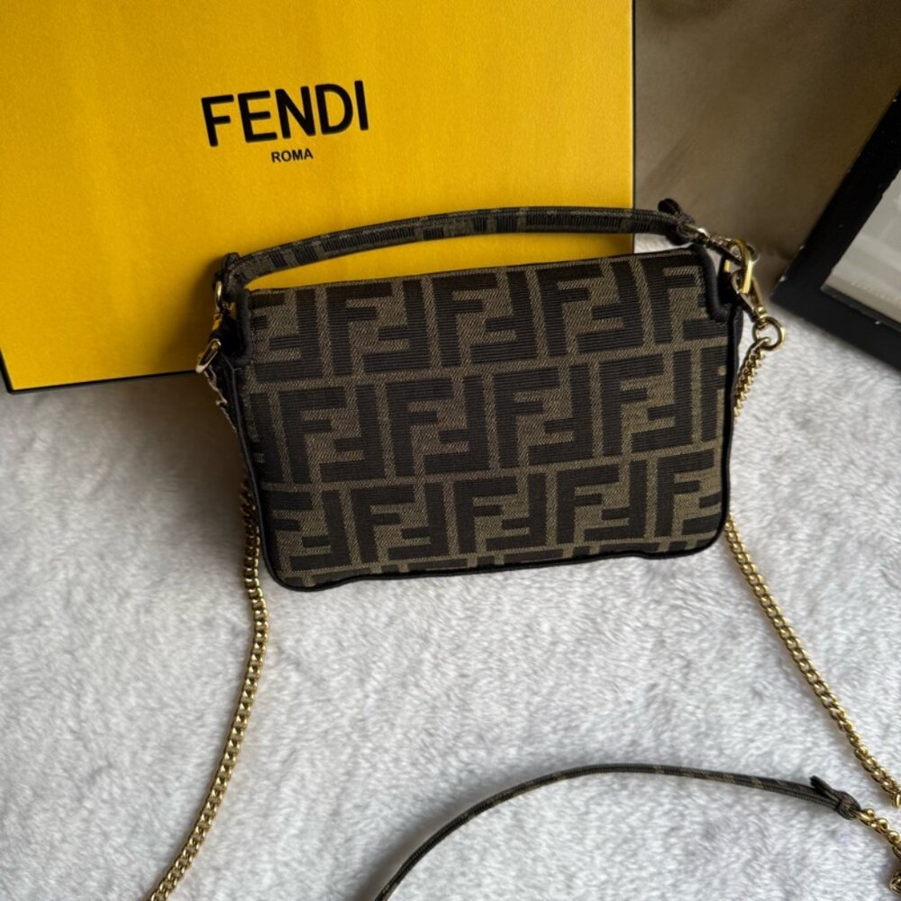 FENDI FF Logo Baguette Mini Bag in Jacquard Fabric (Brown) - Picture 2 of 8